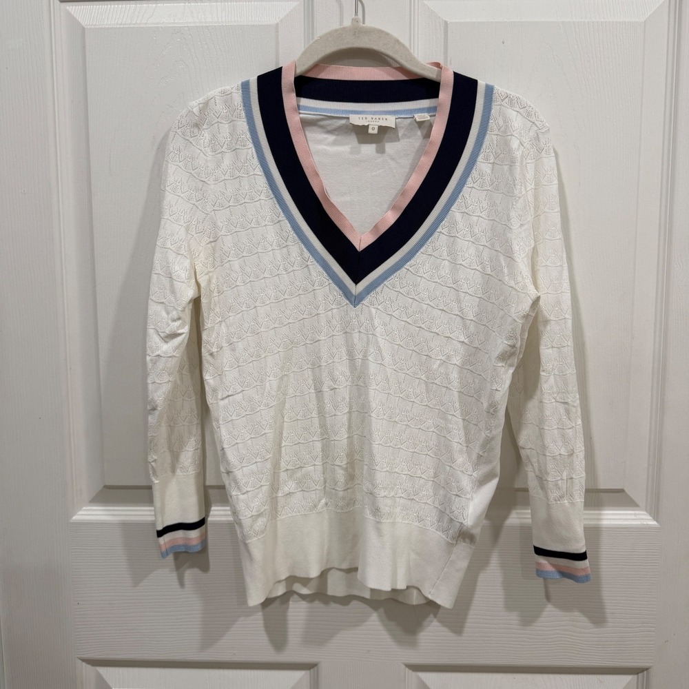 Ted Baker London ALMAHH White Pointelle V-Neck Striped Trim Sweater Size 0